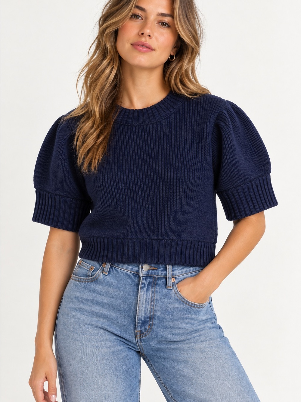 H&M Navy Puff Sleeve Cropped Knit Sweater Medium NWOT